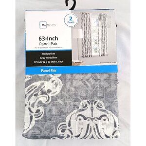 Mainstays Gray Medallion Rod Pocket Panel Pair 37x63 Curtains NIP 63”
